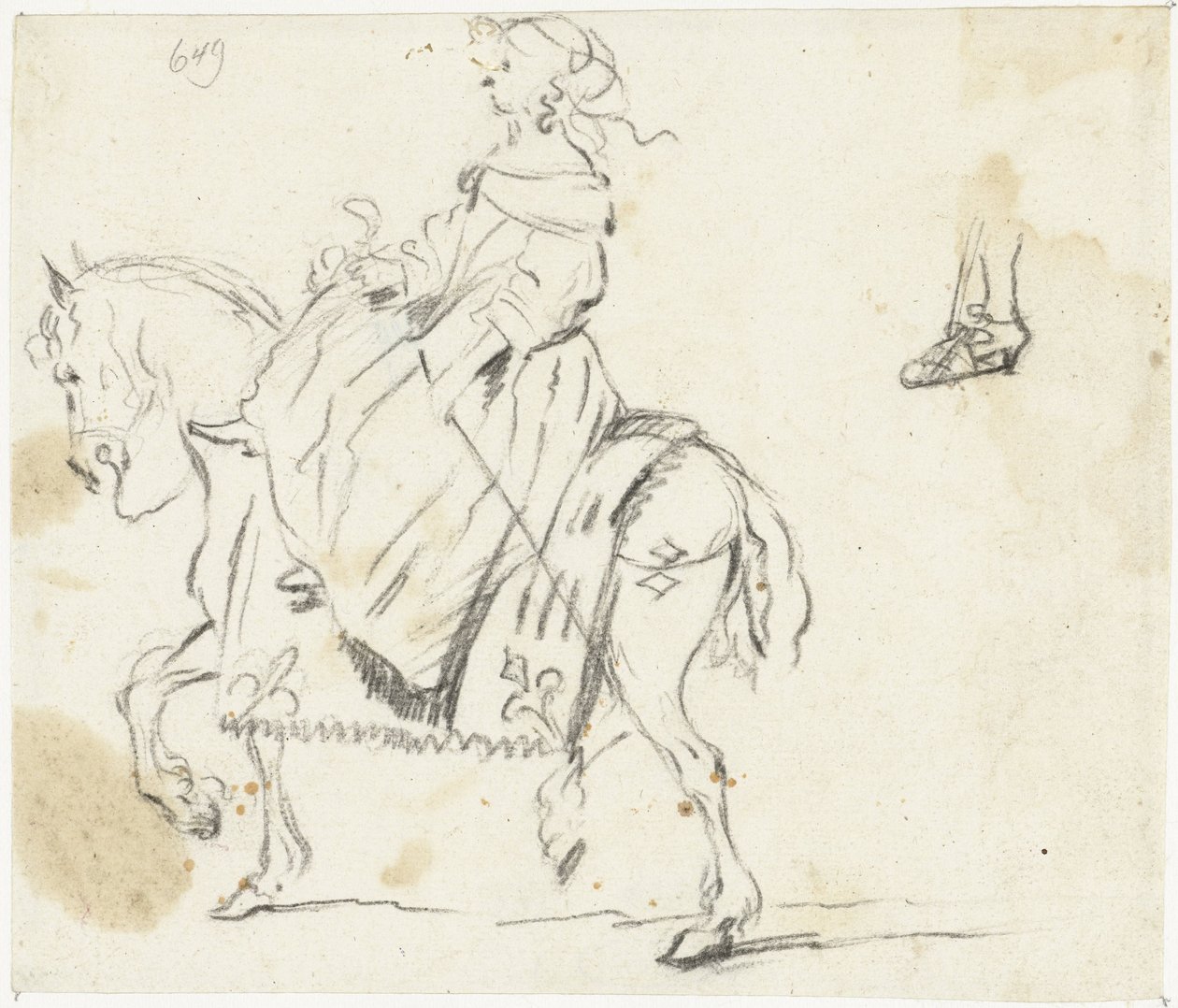 马背上的女人，从侧面看，小腿和脚的素描 作者 Gesina ter Borch
