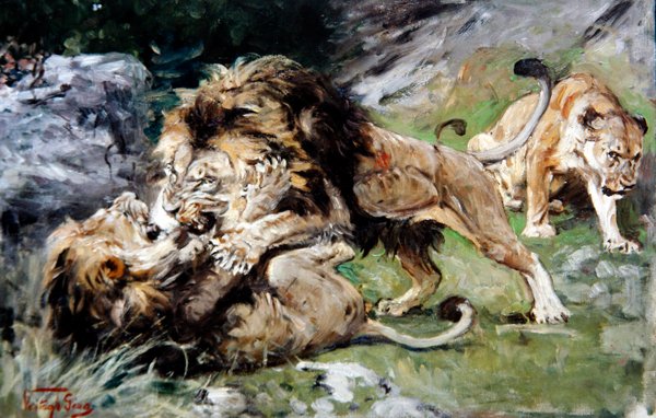 巴巴里狮子打架，约1890年（布面油画） 作者 格扎·瓦斯塔（Geza Vastagh）