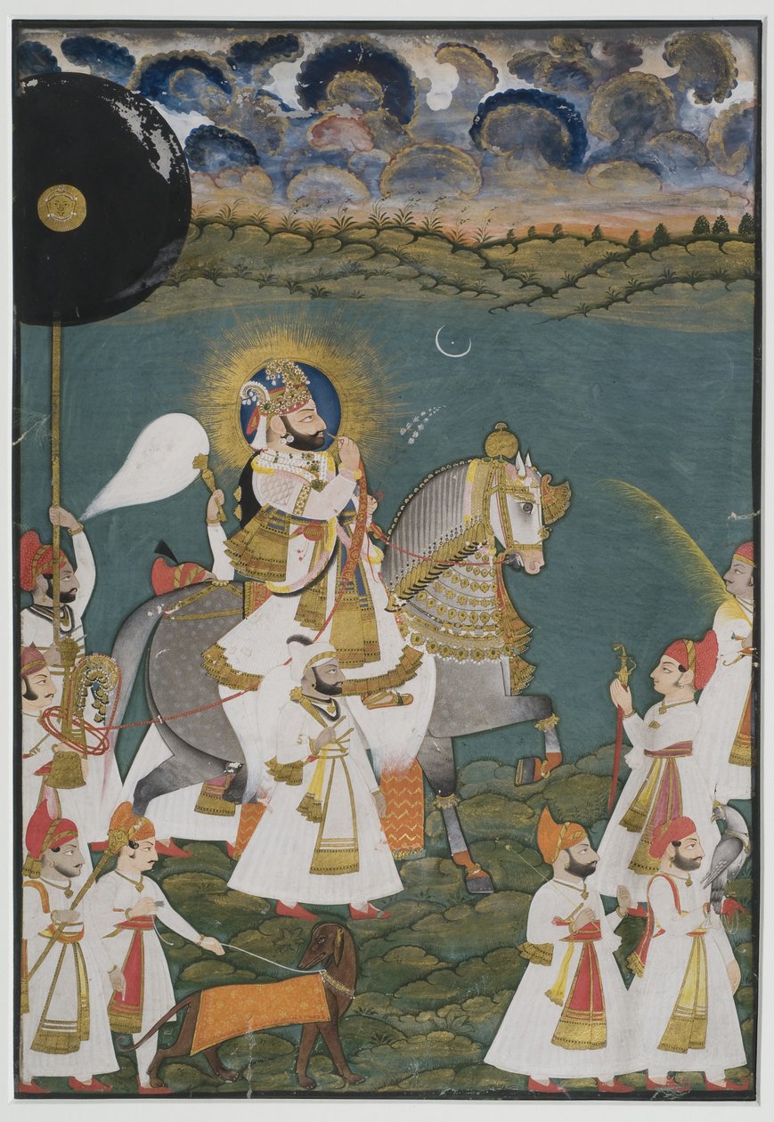 Udaipur的Maharana Bhim Singh（1778-1828）在马背上陪同服务员的肖像，1820年（纸上水粉，金色触摸） 作者 加西加西