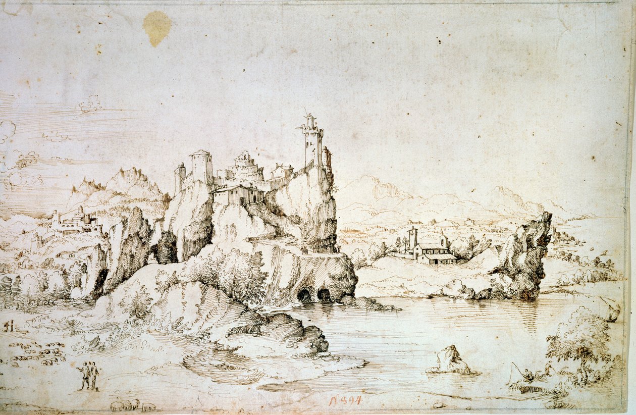 1540年，在山峰上的一座岩石上的一座城堡。 作者 希拉多·奇博