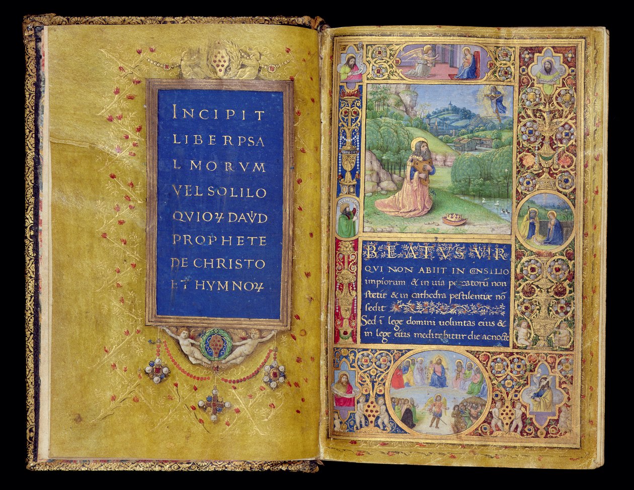 37-1950号女士，ff.1v-2r：佛罗伦萨Medici Psalter，1480-90（羊皮纸上的金墨和蛋彩画），祈祷中的大卫王的标题页和缩影 作者 乔瓦尼·迪米尼亚托（Gherardo di Giovanni di Miniato）