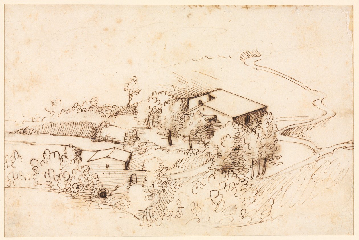丘陵风景中的农场与树木的对页，1567年。 作者 赫拉尔多·西博