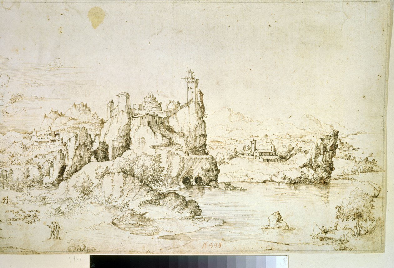 "山景中岩石上的城堡" 褐色水墨画，杰拉尔多-西博（1512-1600 年），1540 年 莫斯科普希金博物馆 作者 赫拉尔多·西博