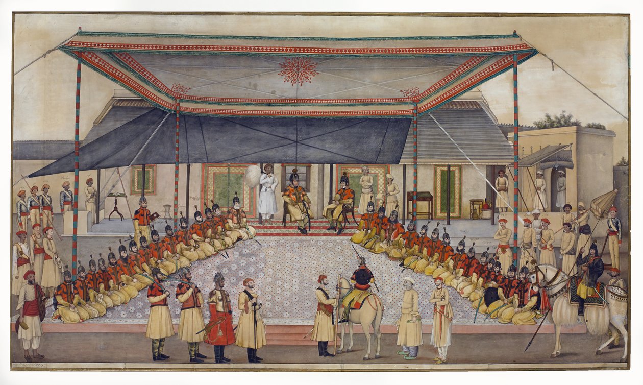 詹姆斯·斯金纳上校在1827年举行了一次军团杜巴（与纸上的水粉一起） 作者 古兰姆·阿里·汗（Ghulam Ali Khan）