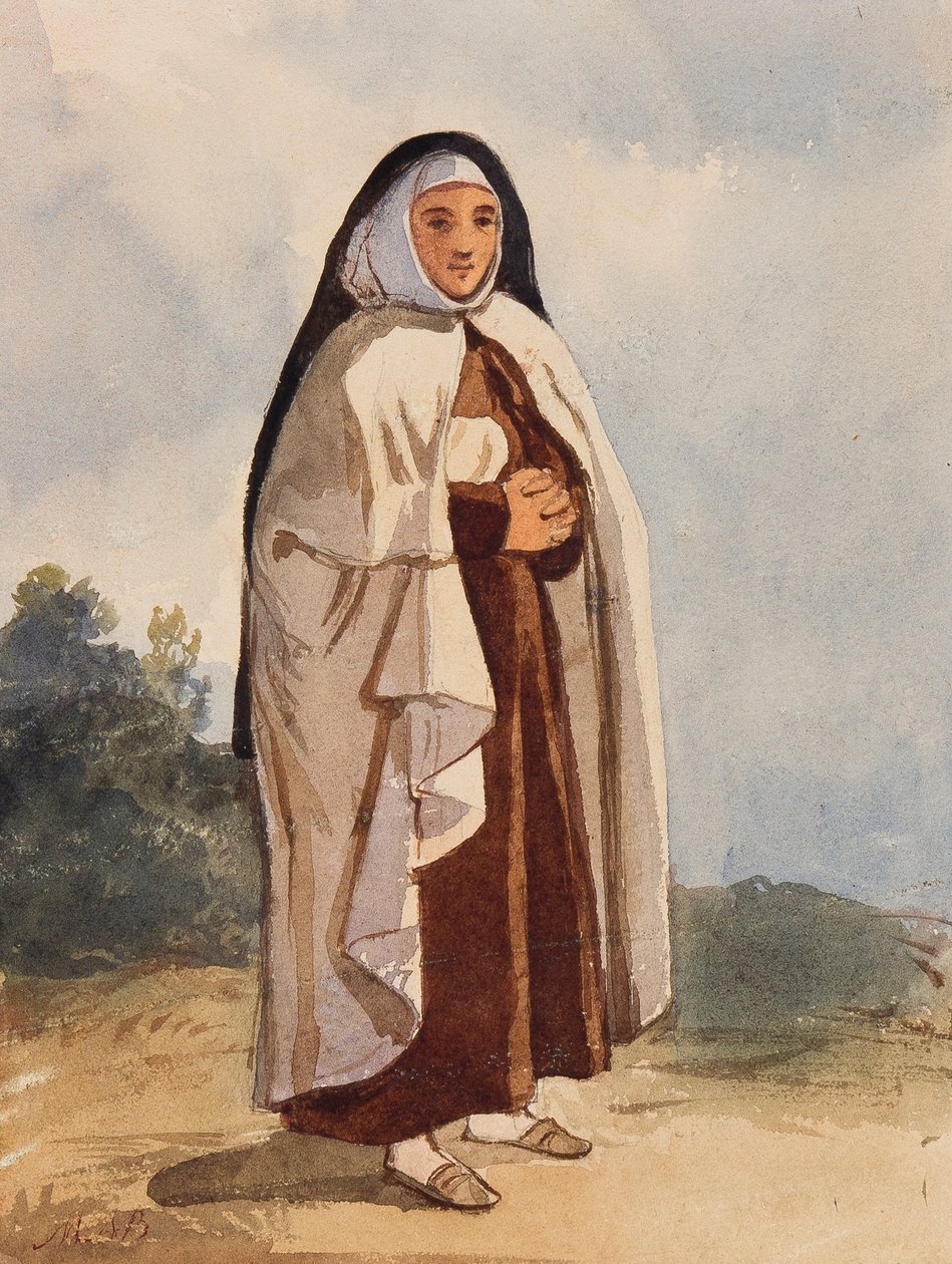 一个修女，由Maria Annunziata di Borbone公主（1843-1871）添加（铅笔和wc在纸上） 作者 贾辛托·吉甘特（Giacinto Gigante）