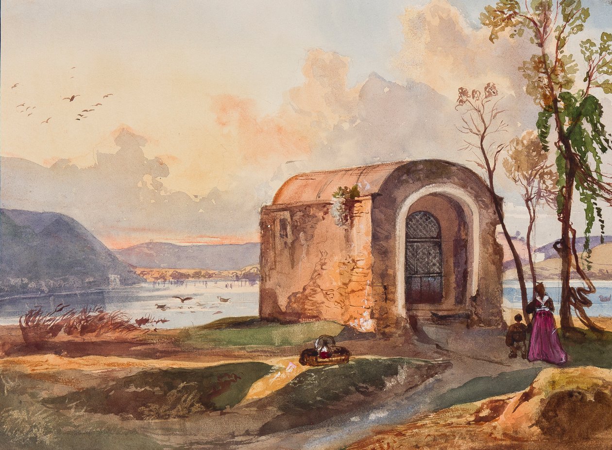 Lake Lucrino教堂，Borbone瞳孔的加入，可能是Princess Annunziata di Borbone公主（1843-1871）（铅笔，wc和水粉在纸上） 作者 贾辛托·吉甘特（Giacinto Gigante）