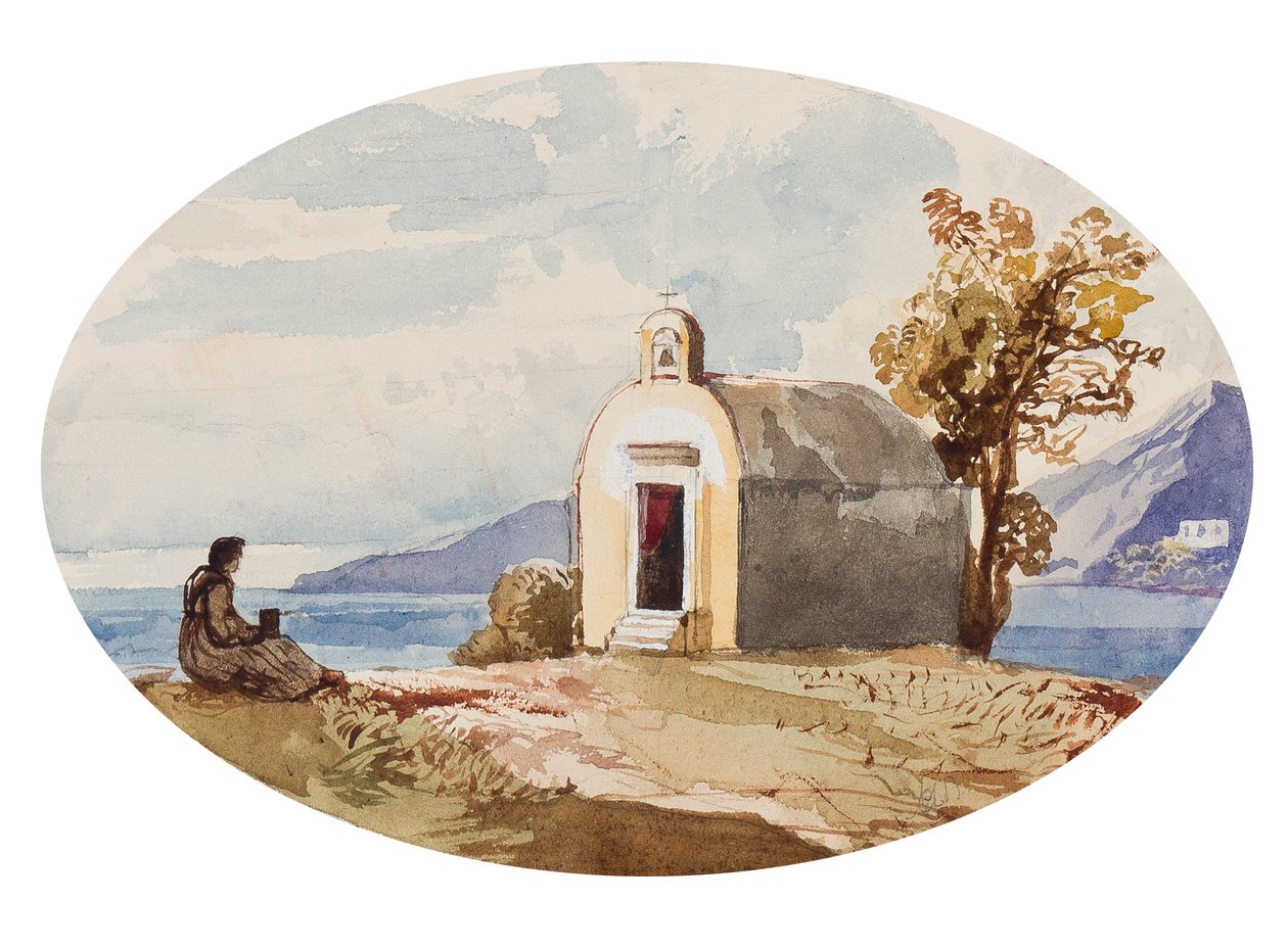 海边的教堂，由Maria Annunziata di Borbone公主（1843-1871）添加（铅笔，wc和水粉在纸上） 作者 贾辛托·吉甘特（Giacinto Gigante）