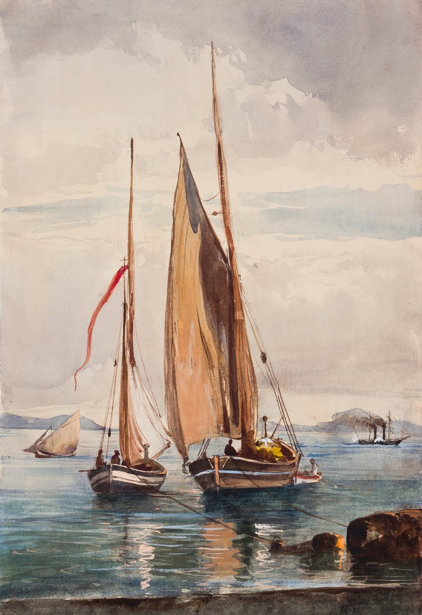 渔船和轮船，由Alfonso Maria di Borbone王子（1841-1934）添加（铅笔，wc和水粉在纸上） 作者 贾辛托·吉甘特（Giacinto Gigante）