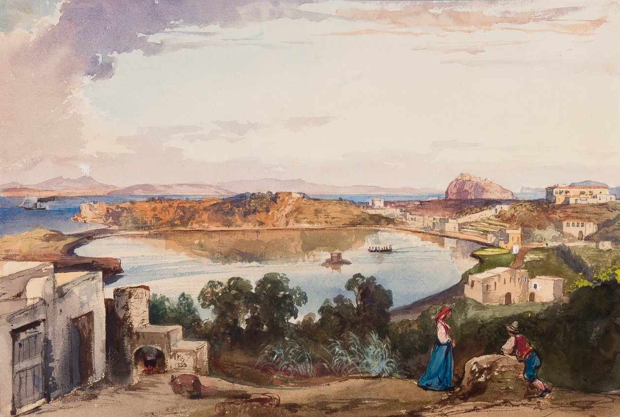 Ischia，正好在入海前的火山口被切断，皇宫在右边，由Alfonso Maria di Borbone（1841-1934），1853年（铅笔，wc和水粉在纸上）添加 作者 贾辛托·吉甘特（Giacinto Gigante）
