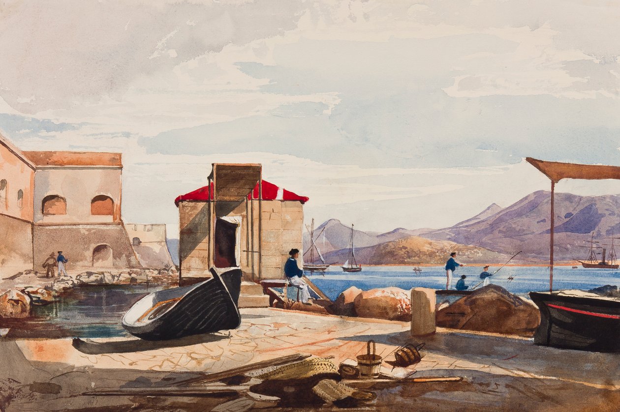 加埃塔的港口，由Maria Annunziata di Borbone公主（1843-1871）添加（铅笔，wc和水粉在纸上） 作者 贾辛托·吉甘特（Giacinto Gigante）