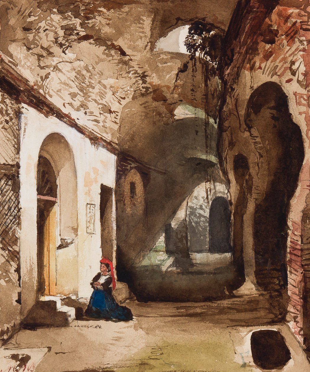 祈祷在Pozzuoli圆形剧场的拱形神殿的妇女，由Maria Annunziata di Borbone公主（1843-1871）添加（铅笔，wc和水粉在纸上） 作者 贾辛托·吉甘特（Giacinto Gigante）