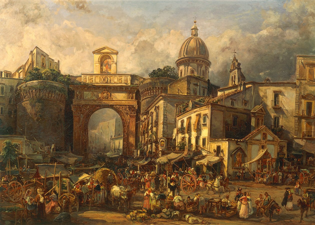 Italy, Naples, Market at Porta Capuana by Giacinto Gigante 作者 贾辛托·吉甘特（Giacinto Gigante）