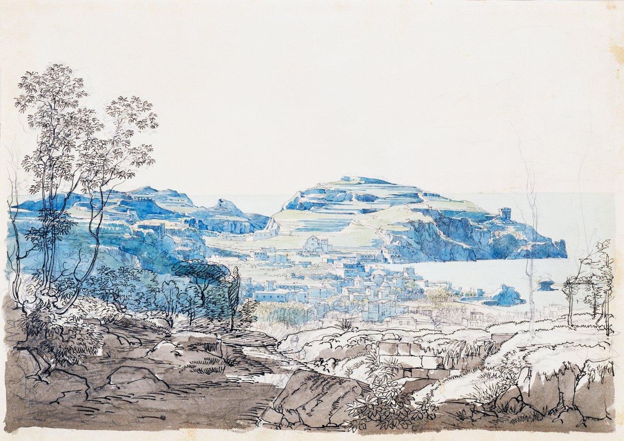 伊斯基亚（拉科-阿梅诺）的景色，约1845年（铅笔、钢笔和水彩）。 作者 贾辛托·吉甘特（Giacinto Gigante）