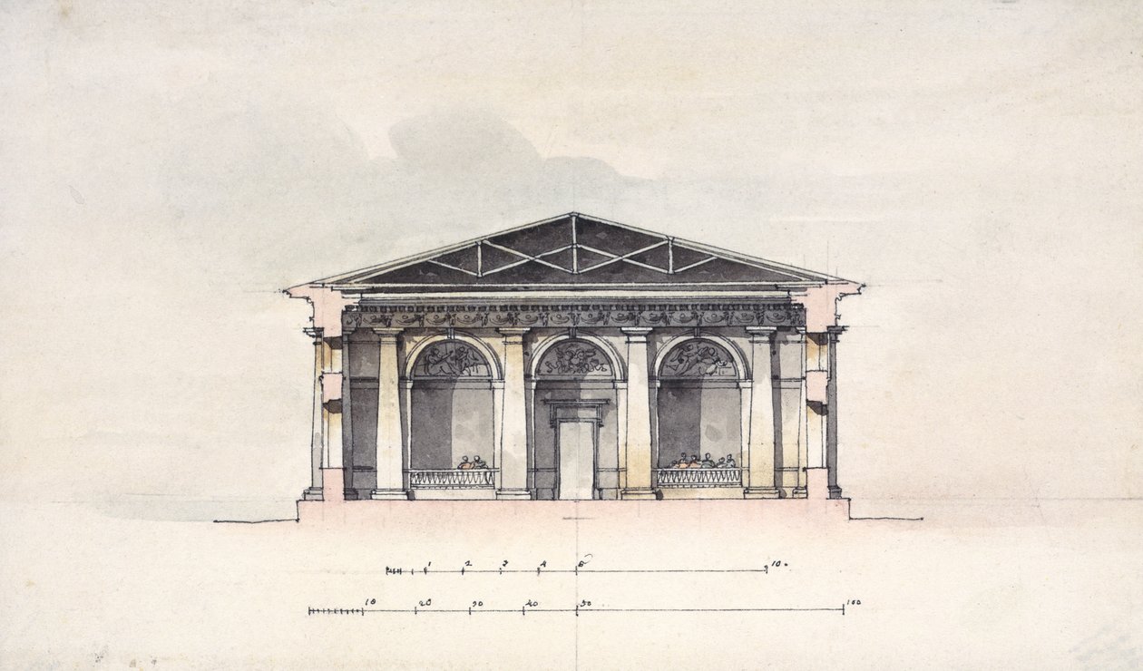 1792年Tsarskoye Selo的骑马马厩的横截面视图（笔墨和纸上的wc） 作者 贾科莫·安东尼奥·多梅尼科·夸伦吉
