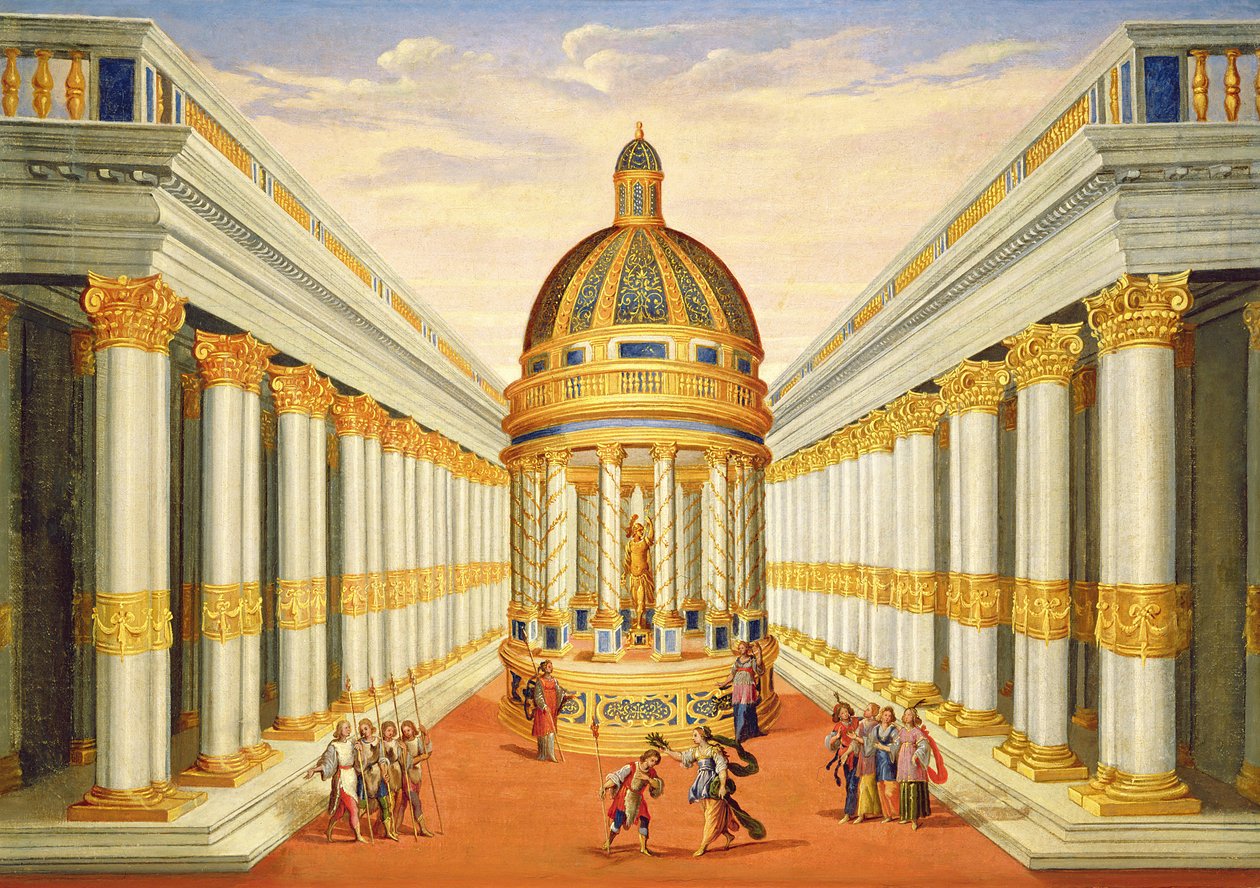 第一幕，场景七和八：巴卡斯神庙 作者 贾科莫·托雷利（Giacomo Torelli）
