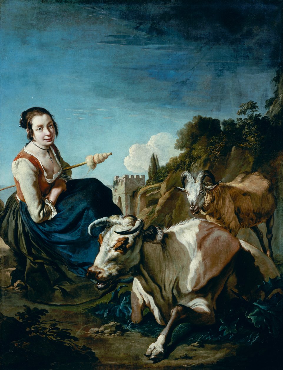 岩石风景中与牛羊在一起的女孩，约 1700 年（布面油画） 作者 贾科莫·切鲁蒂