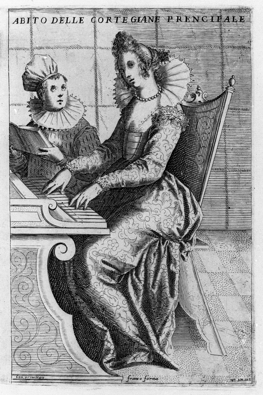 一个穿着优雅的宫女在弹钢琴。贾科莫-佛朗哥（1550-1620）的版画，出自《威尼斯，用途和习俗》，约1597年。 作者 贾科莫·佛朗哥（Giacomo Franco）