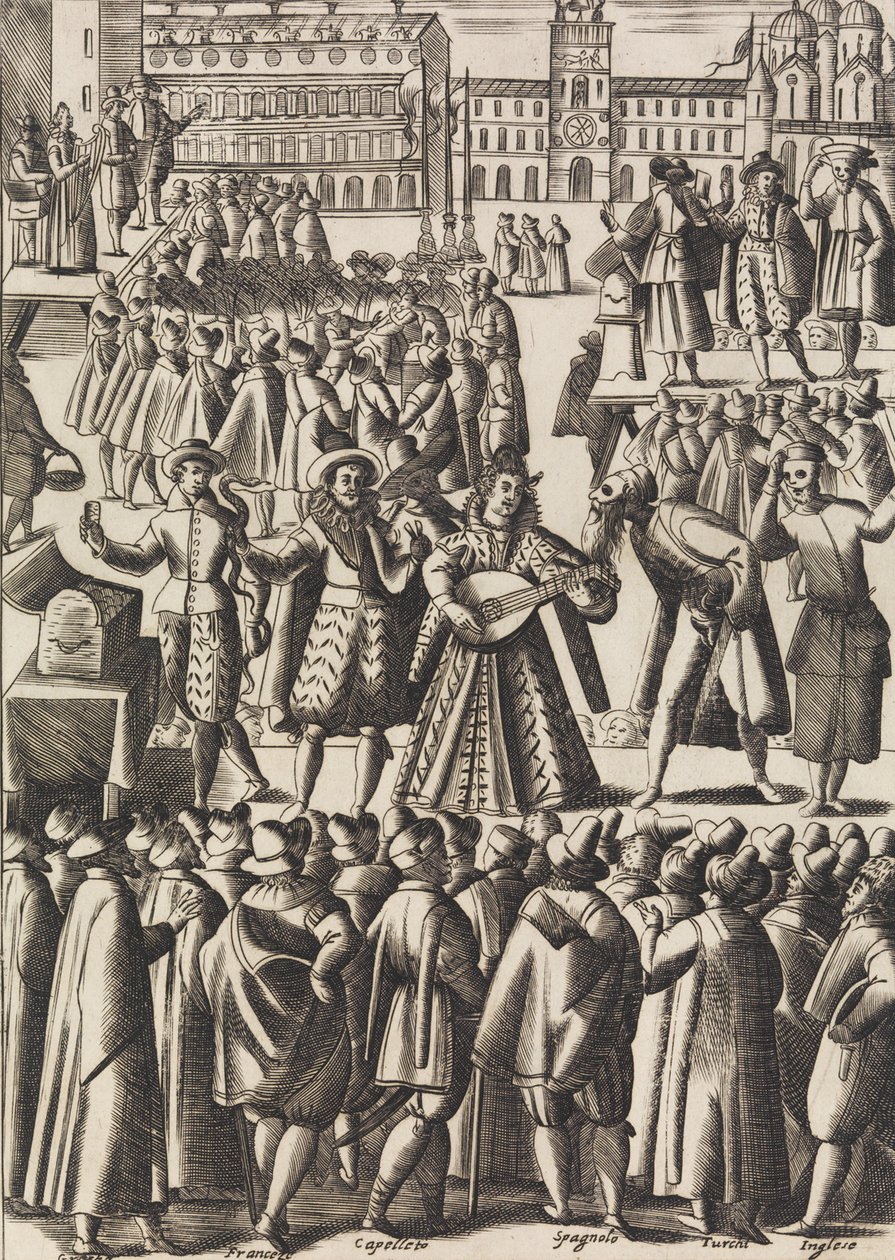 Intartenimento che dano ogni giorno li Ciarlatani in Piazza di S. Marco al Populo..., 约1610。 作者 贾科莫·佛朗哥（Giacomo Franco）