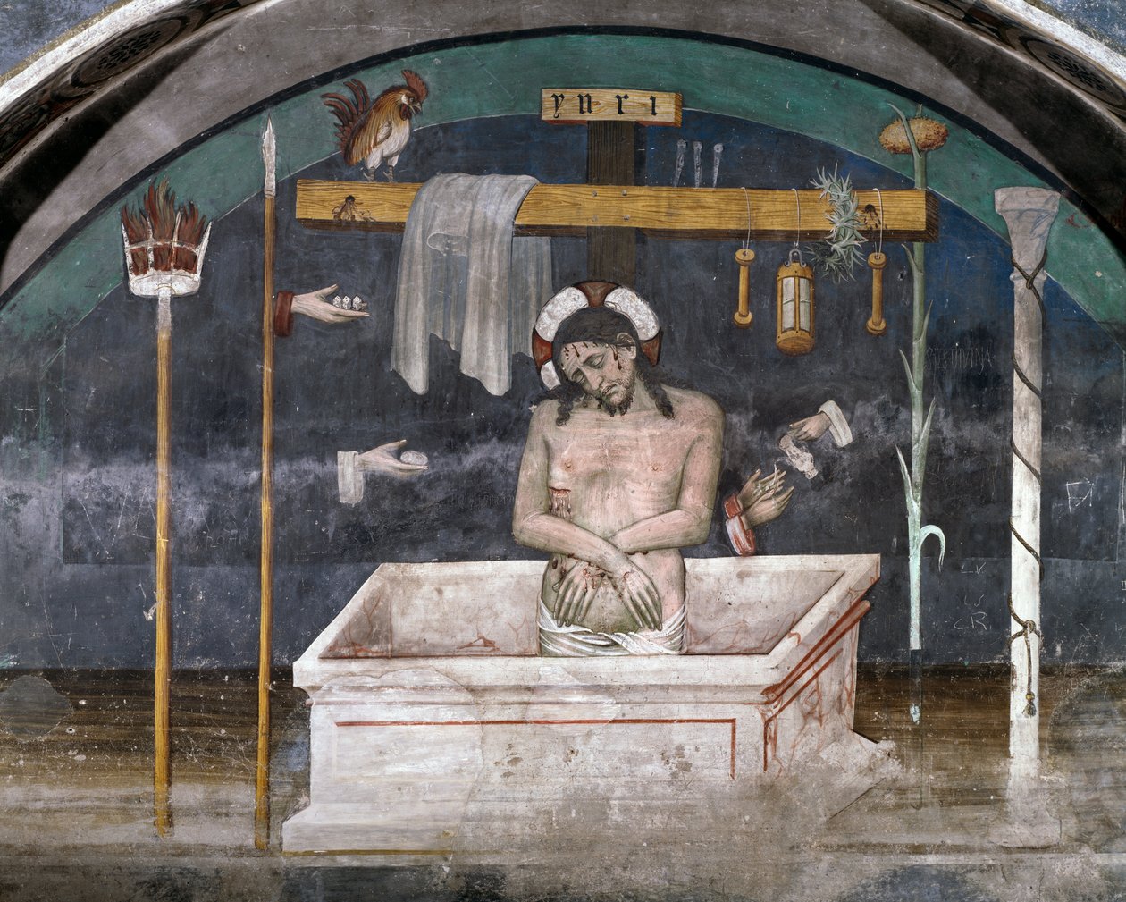 被受难象征物包围的基督，贾科莫-雅克里奥（1375-1453）的壁画，意大利皮埃蒙特省Buttigliera Alta的Ranverso圣安东尼修道院。 作者 贾科莫·雅克里奥