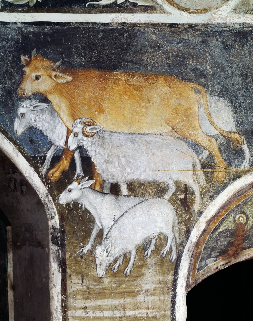 牲畜，细节来自 Giacomo Jaquerio（1375-1453）的壁画，意大利皮埃蒙特的 Buttigliera Alta，Ranverso 的 St Anthony 修道院 作者 贾科莫·雅克里奥