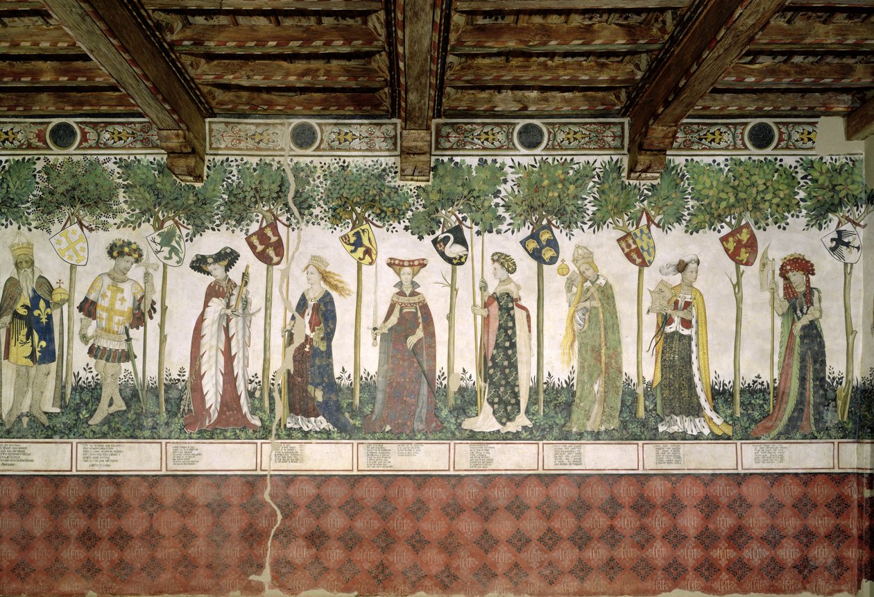 The Nine Worthies和Nine Worthy Women，Charlemagne，Godfrey de Bouillon，Delphine，Iynoppe，Hippolyte，Menalyppe，Semiramis，Lampeto和Tamyris的细节，1418-30 作者 贾科莫·雅克里奥