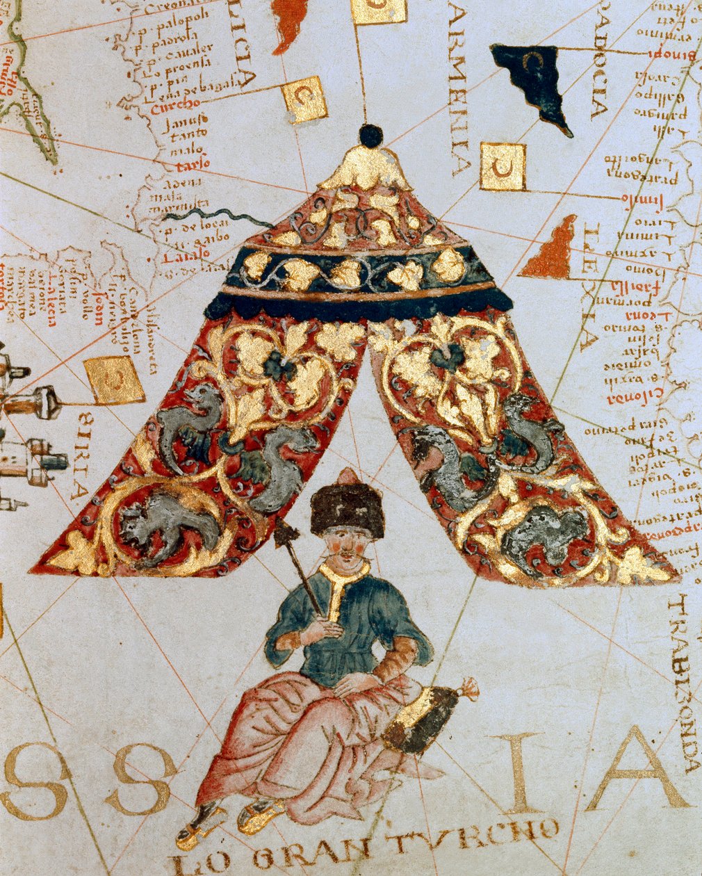 制图师贾科莫·德·马焦洛 (Giacomo de Maggiolo) 绘制的描绘苏丹苏利曼 (Suleyman) 的地图的细节 我说那幅宏伟的 (1520-1566) 被称为“伟大的土耳其人”。 微型。 海军博物馆，基因 作者 贾科莫·马吉欧洛（Giacomo Maggiolo）