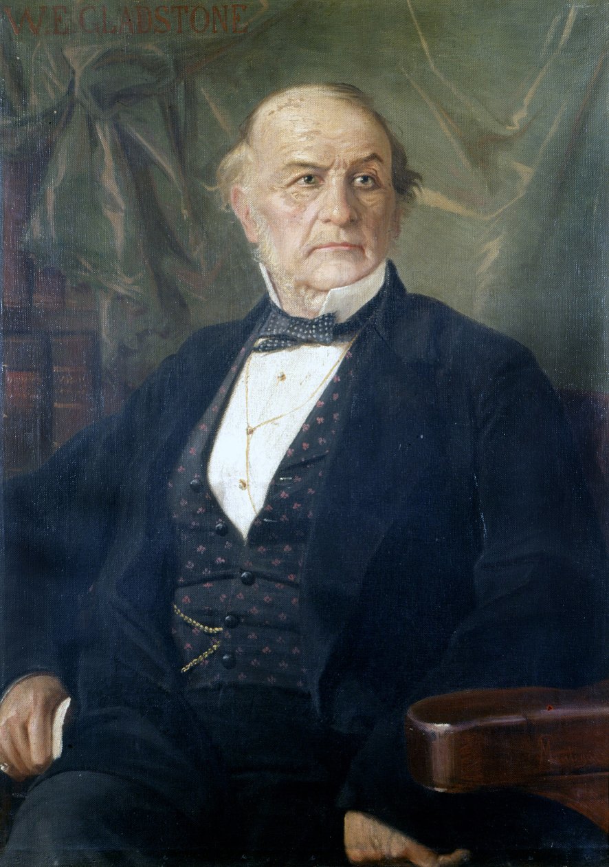 威廉·尤尔特·格莱斯顿 (William Ewart Gladstone) 的肖像。英国政治家（1809 年至 1898 年）。曼特加扎的绘画。 米兰复兴博物馆 作者 贾科莫·曼特加扎（Giacomo Mantegazza）
