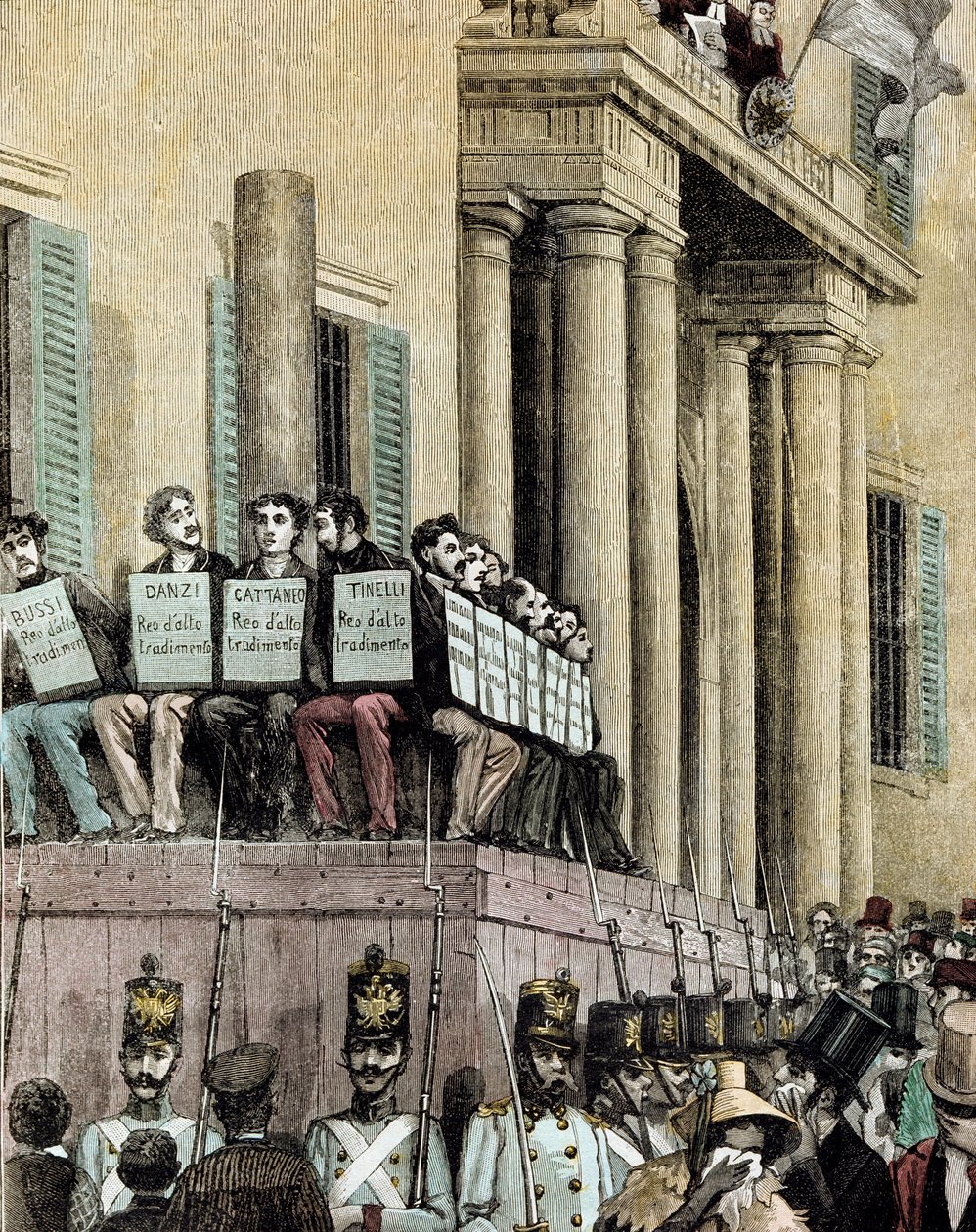 Risorgimento: “” members of the Giovine Italia movement (including Carlo Cattaneo (1801-1869), Tinelli, Danzi, Bussi) sitting in front of the Palace of Justice in Milan, listening to the sentence condemning them to exile in 1848”” 1884 Lithograph by Manteg 作者 贾科莫·曼特加扎（Giacomo Mantegazza）