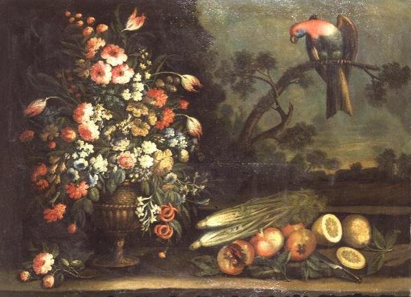 静物，混合花，蔬菜和鹦鹉 作者 贾科莫·纳尼（Giacomo Nani）