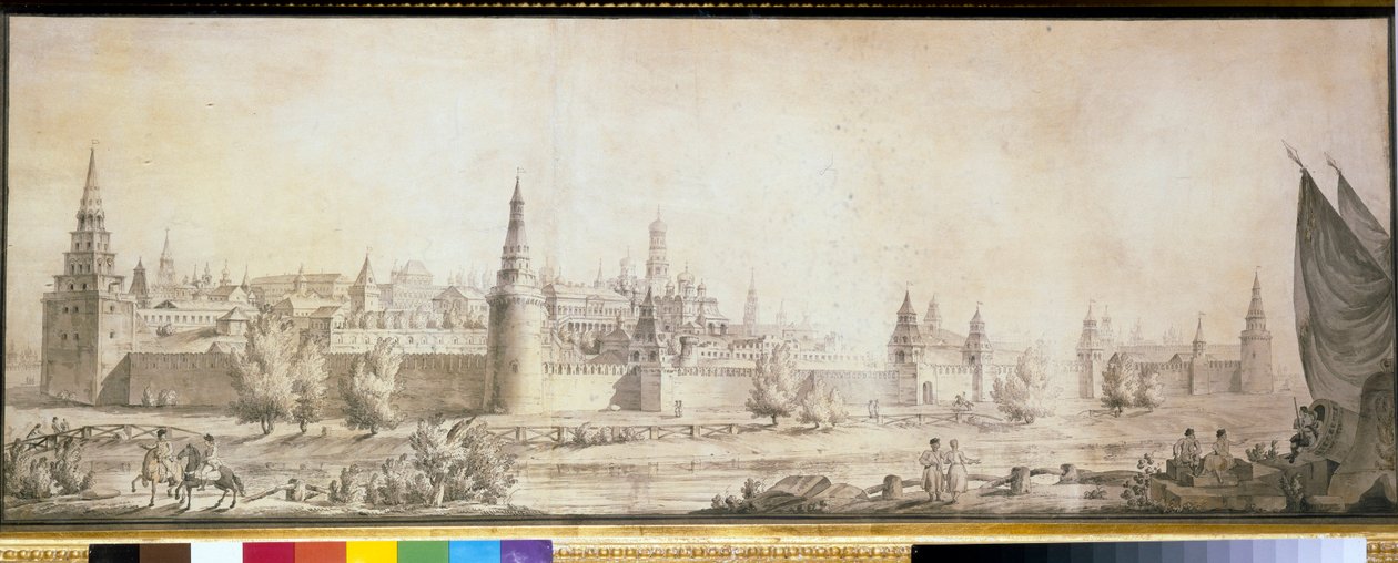 Vue panoramique du Kremlin de Moscou a la fin du 18eme siecle - Oeuvre de Giacomo Antonio Domenico Quarenghi (1744-1817), fin des annees 1790 - Panoramic view of Moscow Kremlin by the End of the 18th century - 钢笔、毛笔、棕色、黑色粉笔、水彩颜料。 作者 贾科莫·夸伦吉