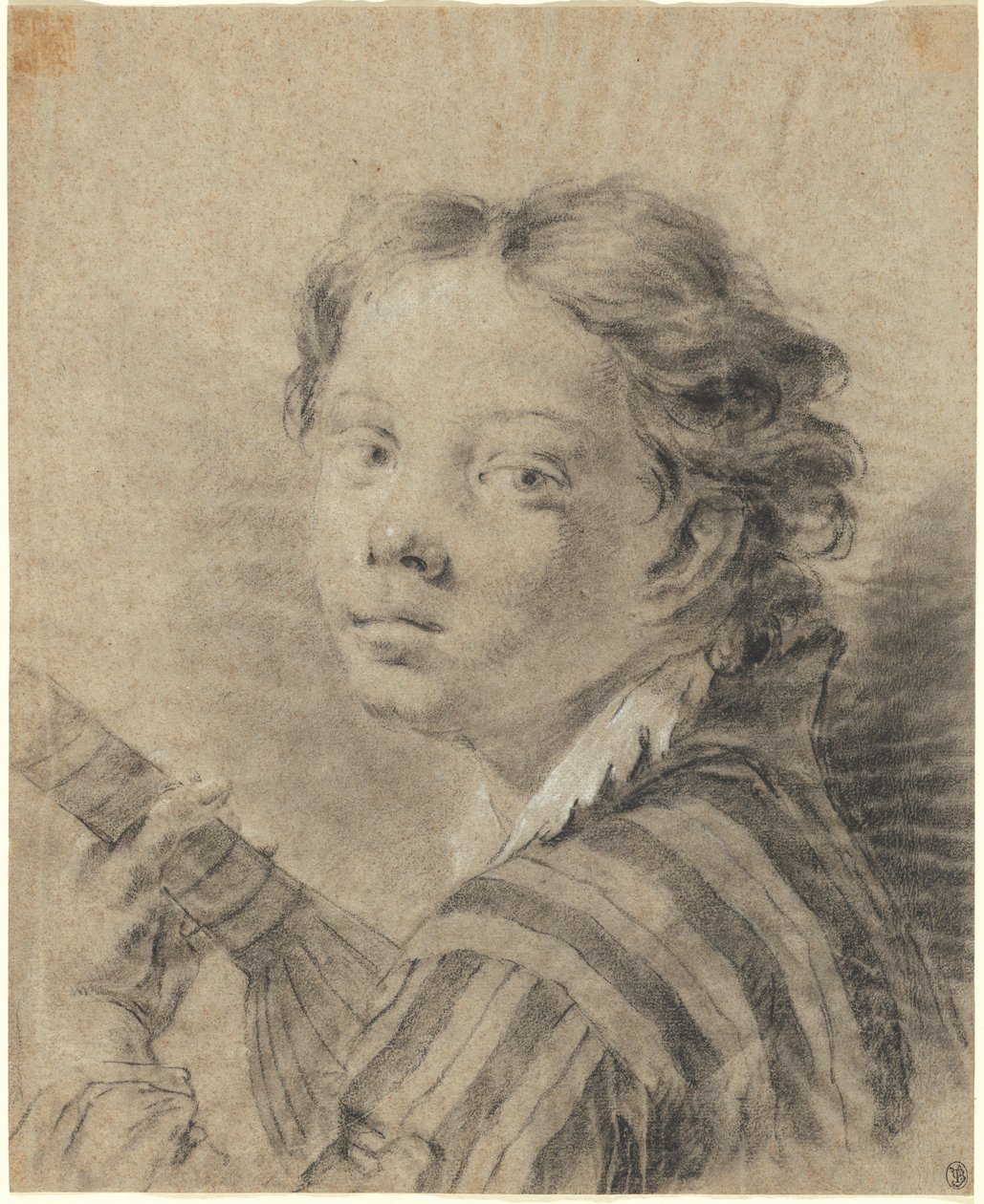 一个男孩与琵琶，c.1740（黑色和白色粉笔和蓝纸上的木炭） 作者 贾曼巴蒂斯塔（Giambattista Piazzetta）