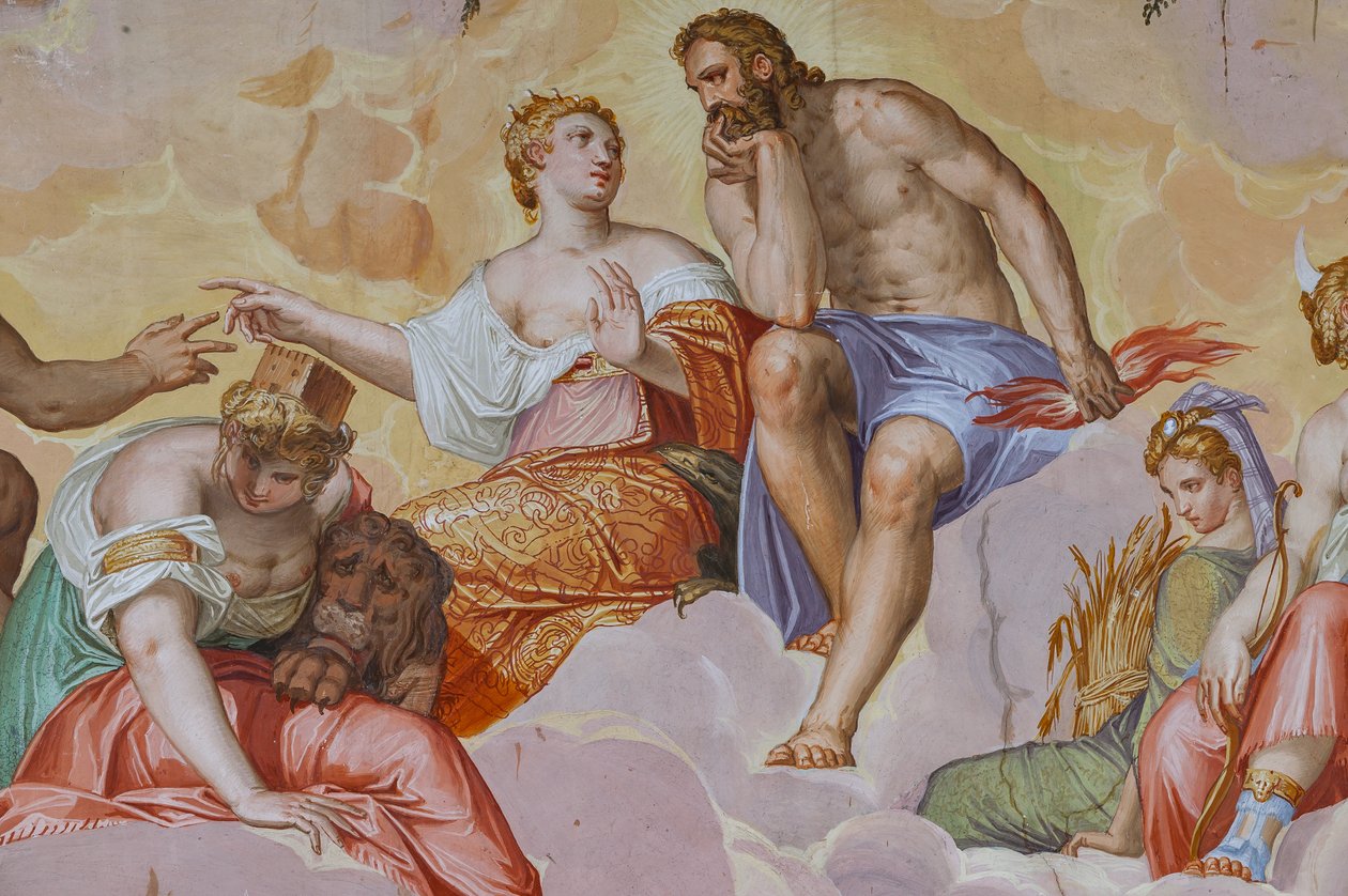 Juno, Jupiter, Cybele lying on clouds, above architectural ruins, detail of the Room of Olympus, c.1557 (fresco) 作者 詹巴蒂斯塔·泽洛蒂