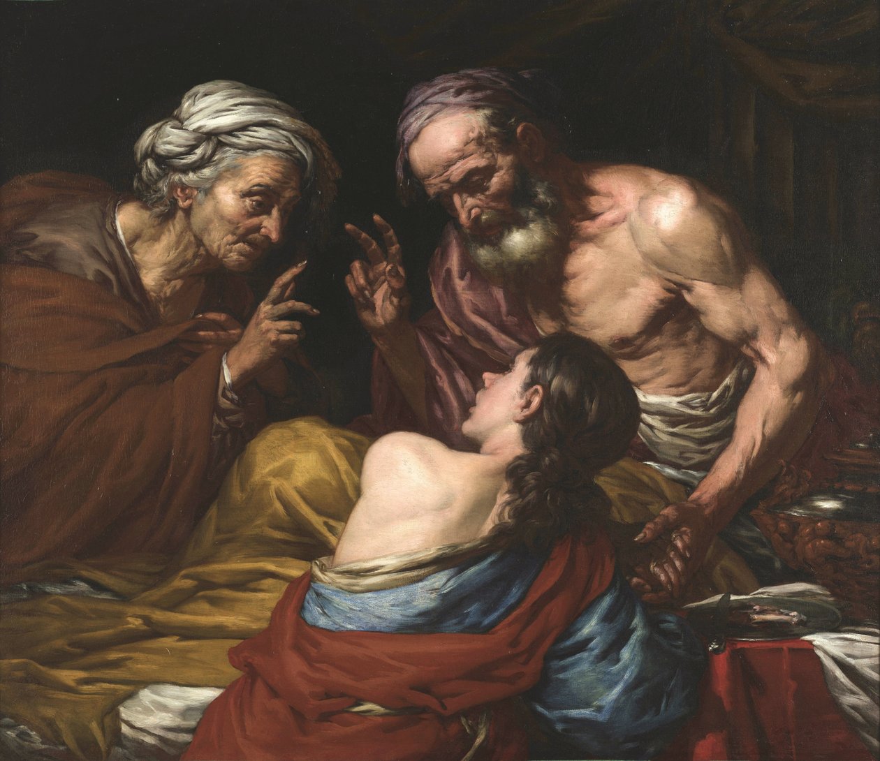 Isaac benit Jacob - 以撒祝福雅各布，作者：兰盖蒂、乔凡-巴蒂斯塔（1635-1676 年）。布面油画，1660 至 1670 年间。尺寸：109x126 厘米。锡比乌布鲁肯塔尔国家博物馆 作者 贾曼巴蒂斯塔·兰格蒂（Giambattista Langetti）
