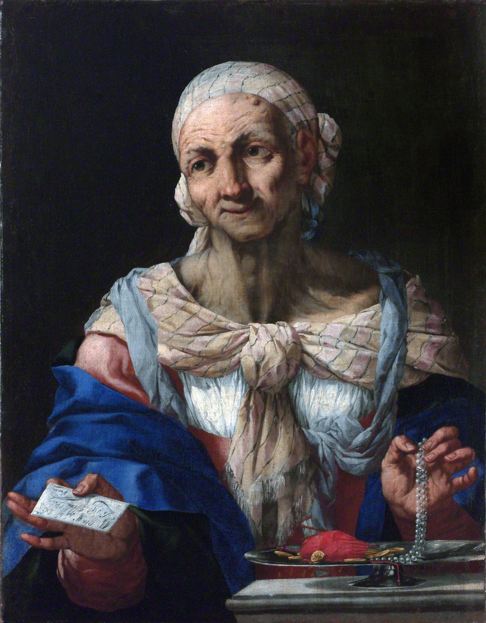 Vieille femme avec un collier de perles et une lettre (vanite) - 老妇人与珍珠项链和信件（Vanitas） - Giovan Battista Langetti（1635-1676）。布面油画，约1663年。国家画廊，布拉格 作者 贾曼巴蒂斯塔·兰格蒂（Giambattista Langetti）