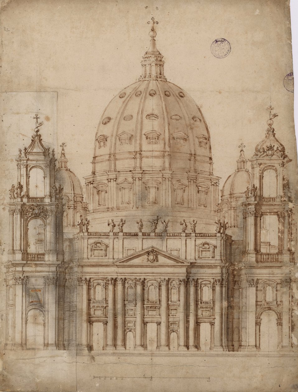 Gianlorenzo（1598-1680）梵蒂冈贝尔尼尼圣彼得大教堂外墙的替代方案。 钢笔、毛笔、水彩、纸本印度墨 作者 吉安·洛伦佐·贝尼尼