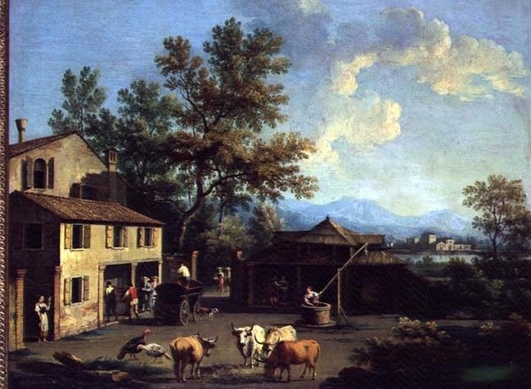 一个有农民和动物的农庄 作者 Gianbattista Cimaroli