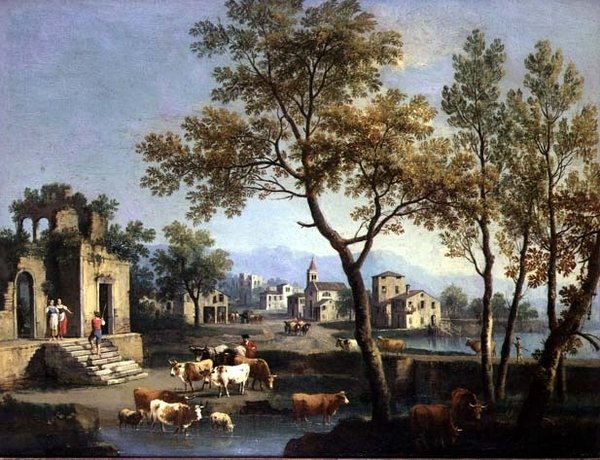 有农民和牛的村街 作者 Gianbattista Cimaroli