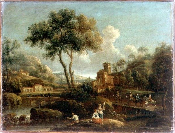 有旅行者的森林河流景观 作者 Gianbattista Cimaroli