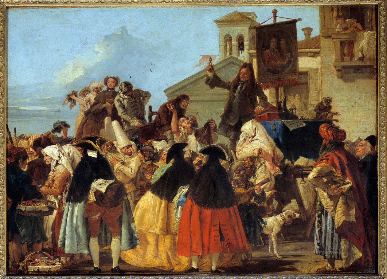 一位牙医在威尼斯狂欢节上拔掉一颗牙齿并像奖杯一样烙上它。 Giovanni Domenico Tiepolo (Giandomenico Tiepolo) (1727-1804) 1754 年作画。太阳 1,1x0,8 m 作者 乔瓦尼·多梅尼科·蒂埃波罗