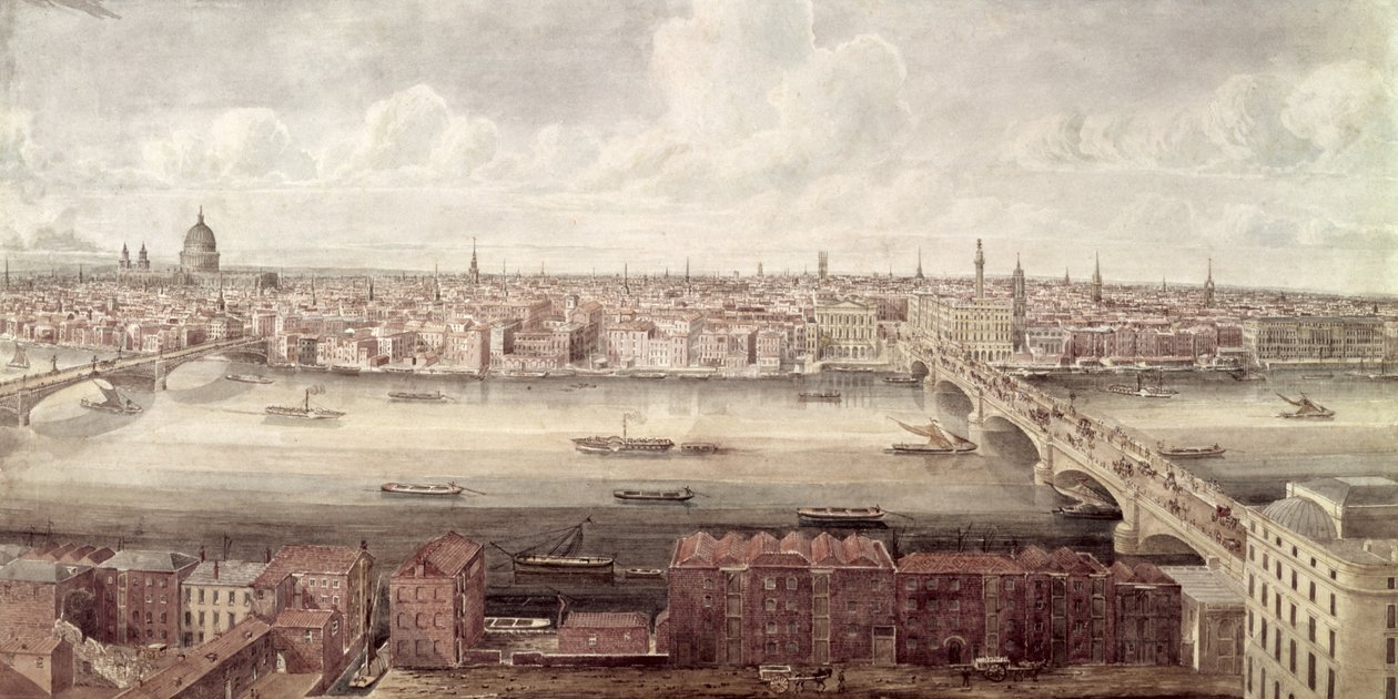 看起来北部的伦敦全景在Southwark桥梁和伦敦桥之间，c.1831 作者 基甸·叶茨