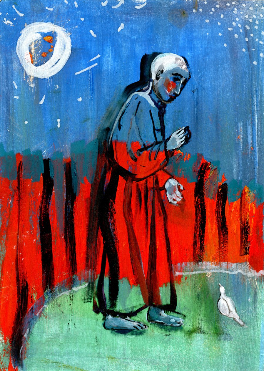 喂鸟。继Giotto之后，2015年（纸上油画） 作者 吉吉·萨德伯里