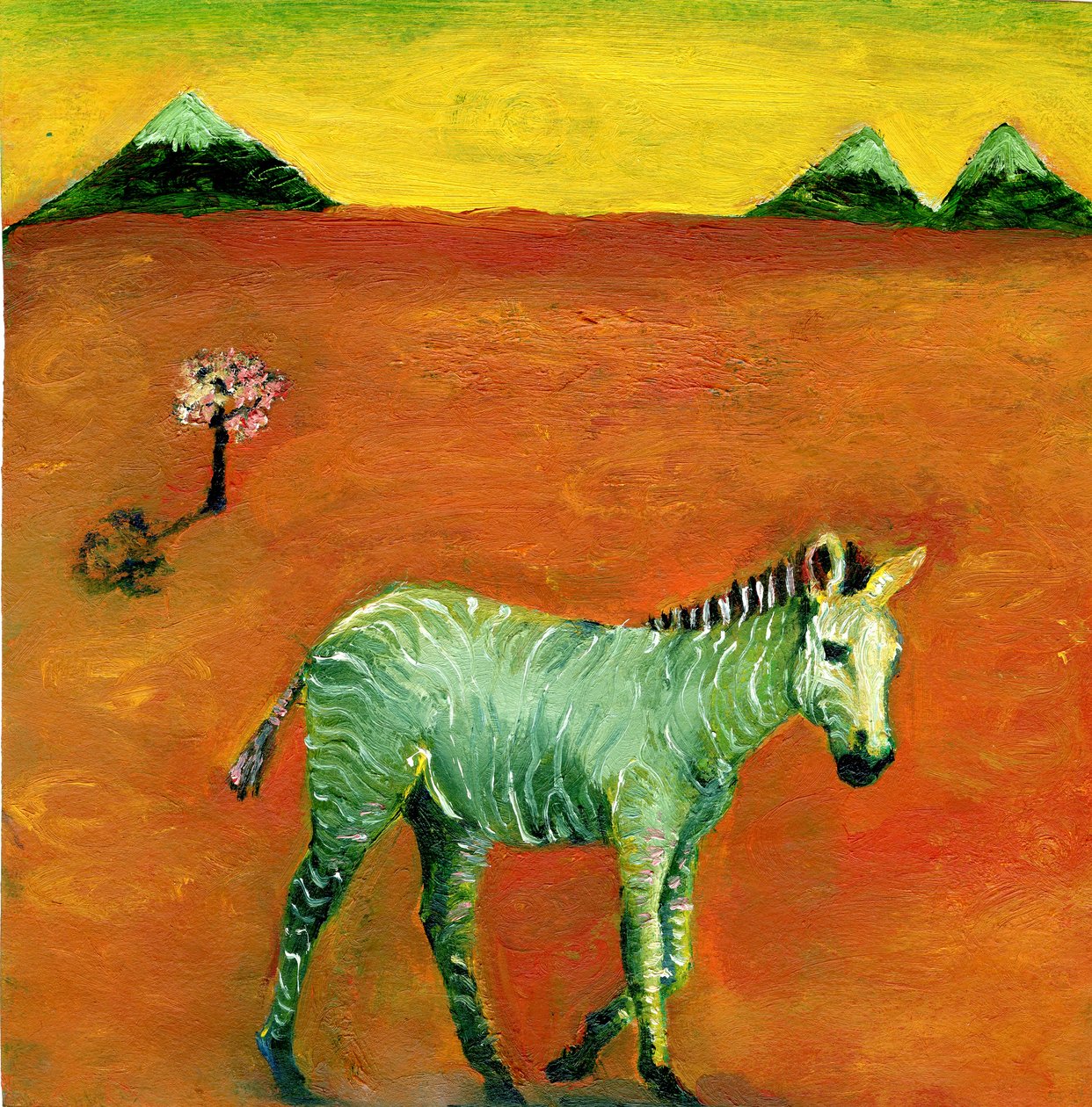 绿斑马和樱桃树，2005年，（纸上油） 作者 吉吉·萨德伯里