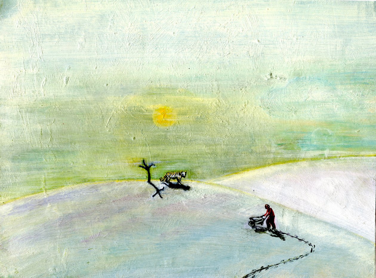 我的独轮车和雪虎，2004，（纸上油） 作者 吉吉·萨德伯里
