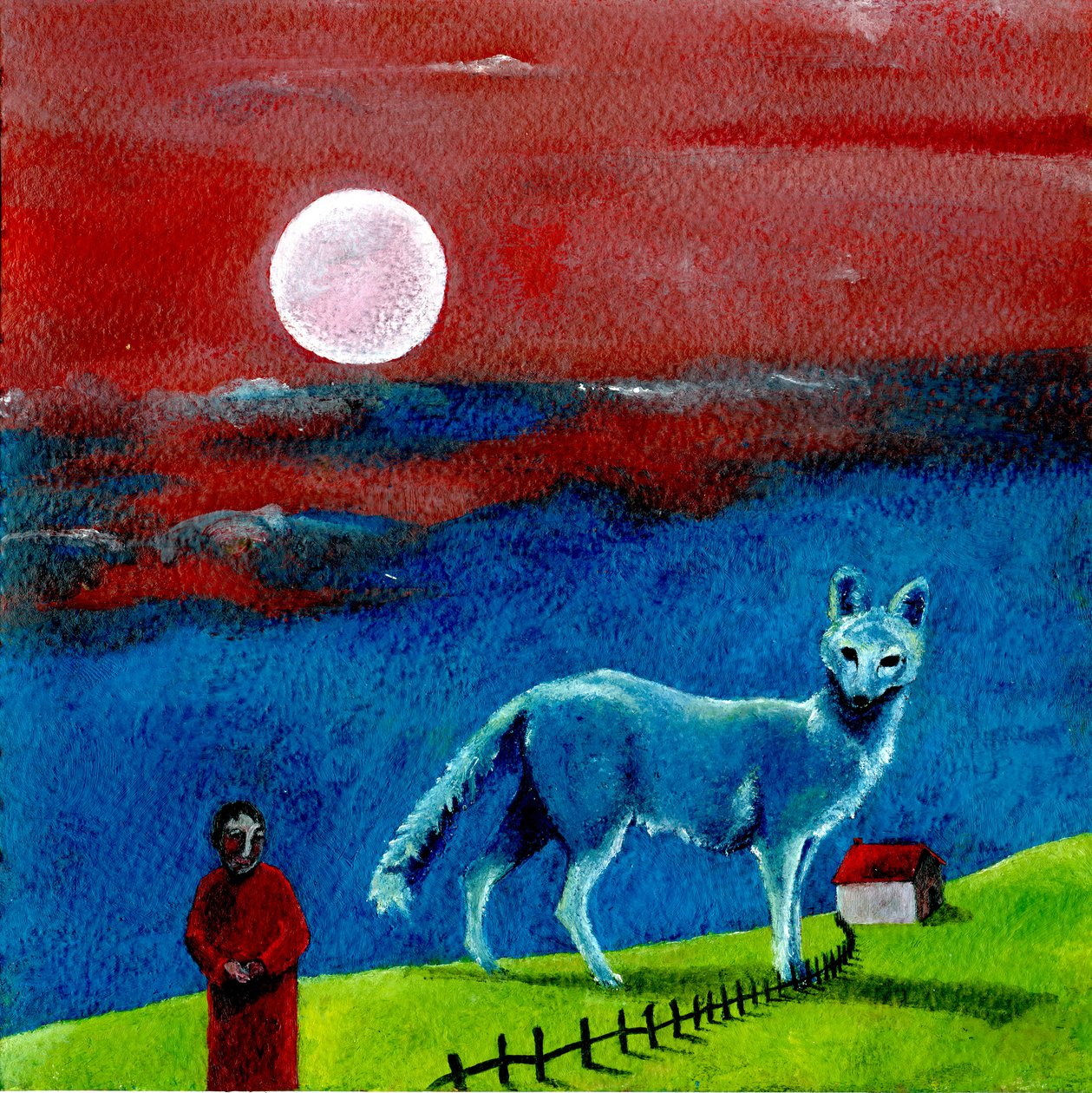 “狼与月亮”，2004年，（纸上油画） 作者 吉吉·萨德伯里