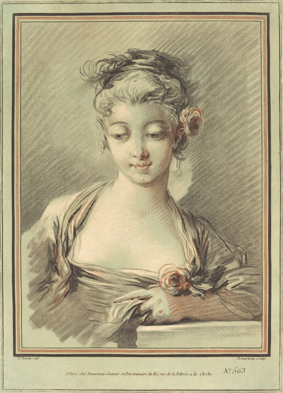 带着玫瑰的年轻女子，约1776年。 作者 吉尔斯·德玛多（Gilles Demarteau）