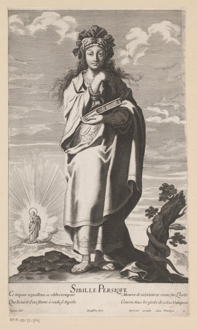 波斯茜比勒，背景是带着孩子的玛丽亚
Sibyl Persique（物品上的标题）
西伯利尔（系列名称）
茜贝勒》（系列名称） 作者 吉尔·罗素（Gilles Rousselet）