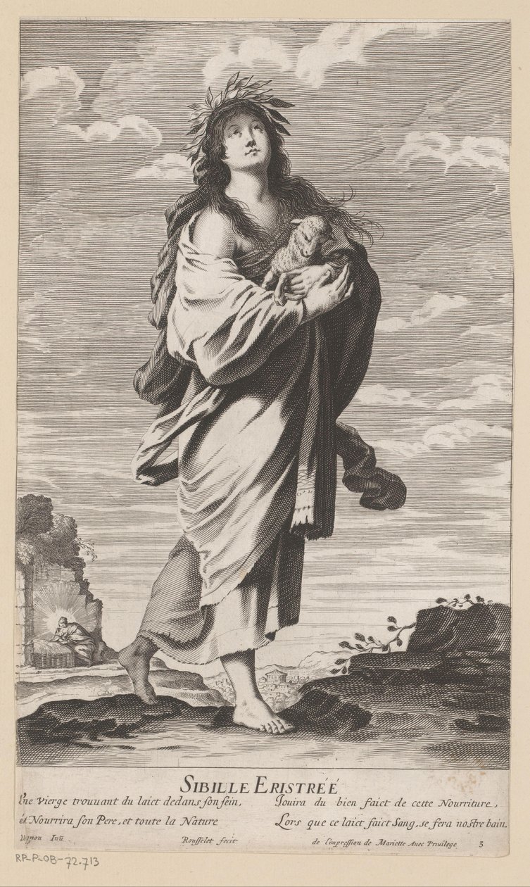 伊瑞斯拉的西庇阿，背景是带着孩子的玛丽亚
Sibyl of Erythrae（物品上的标题）
茜伯尔（系列标题）
茜贝勒》（系列名称） 作者 吉尔·罗素（Gilles Rousselet）