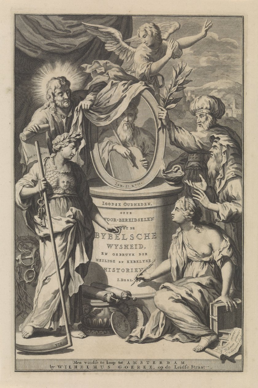 圣经人物揭示摩西肖像
Wilhelmus Goeree 的扉页，Voor-bereidselen tot de bybelsche wysheid, en gebruik der heilige en kerklijke historien，1690 年 作者 吉列姆·范德古文