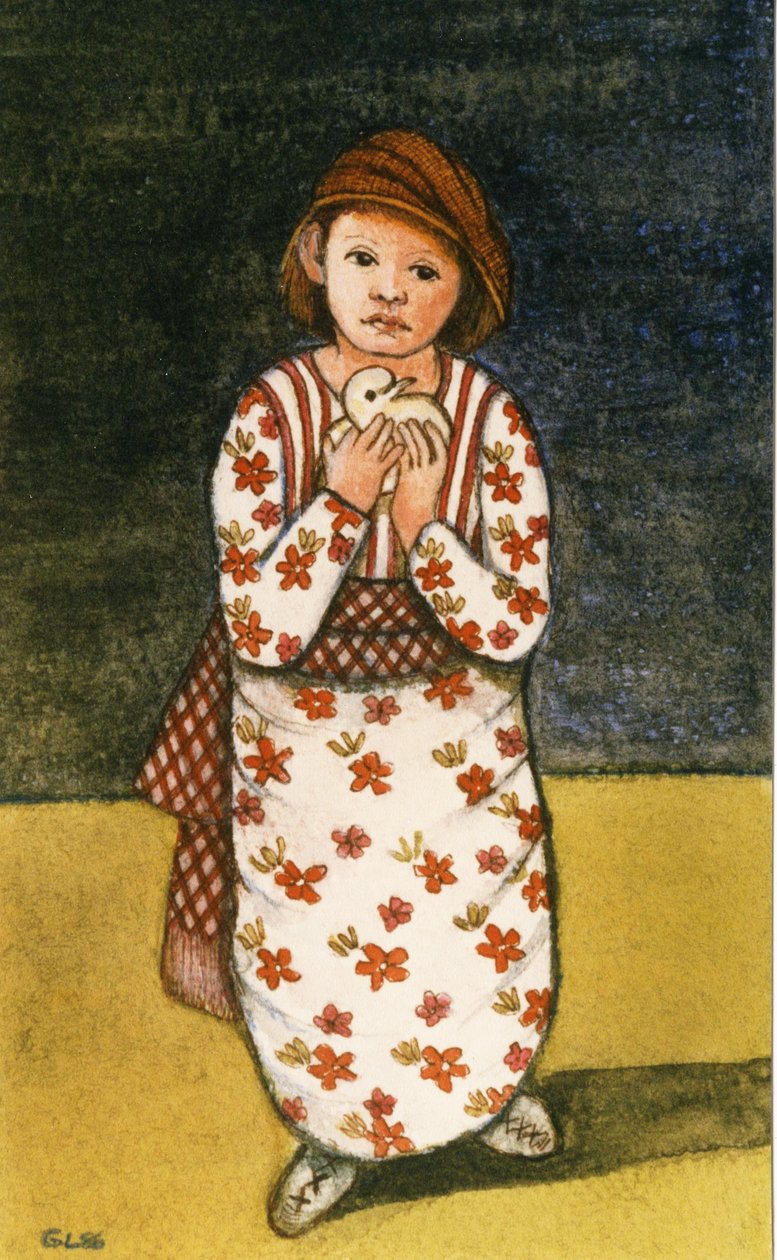 鸽子的女孩，1986年（纸上水彩） 作者 吉莲·劳森（Gillian Lawson）