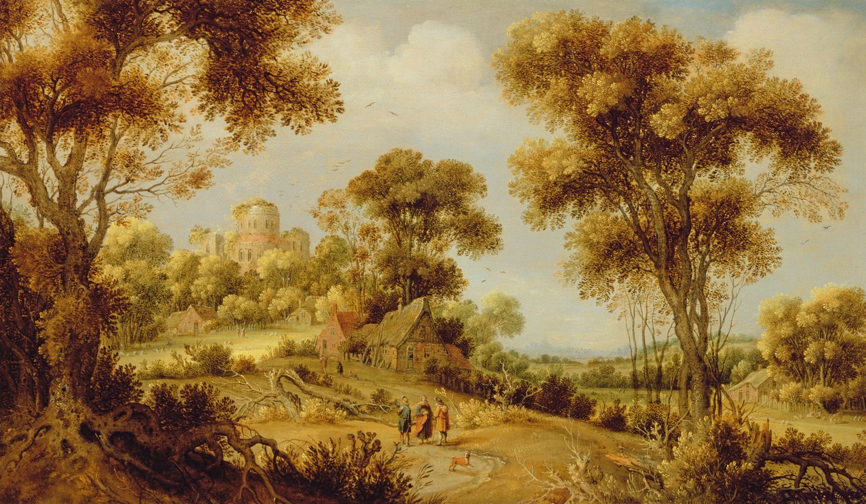 与基督在通往艾玛斯的道路上的广泛的树木繁茂景观，c.1609-29 作者 吉利斯·克拉斯·洪德科特